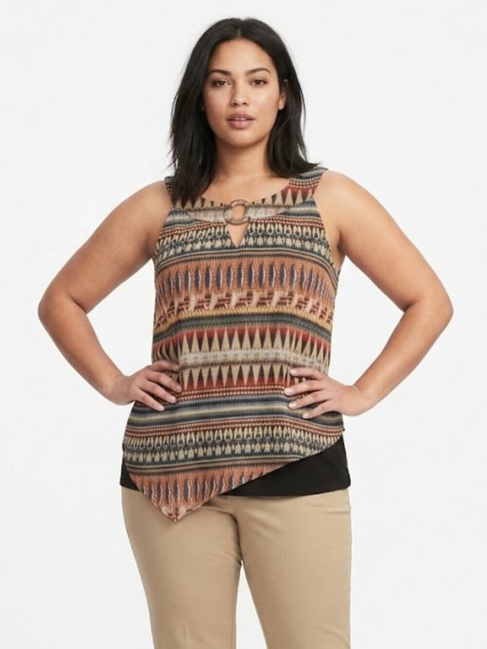 AB Studio Womens Assymetrical Sleeveless Tunic Multicolor XL Boho Print Layered